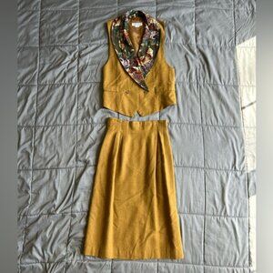 Vintage wool blend floral‎ trimmed vest 2 piece skirt set 2/4 Petite